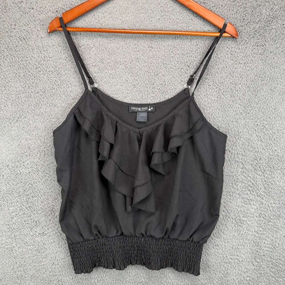Living Doll Los Angeles Black Ruffle Cami Smocked Waist Tank Top Medium